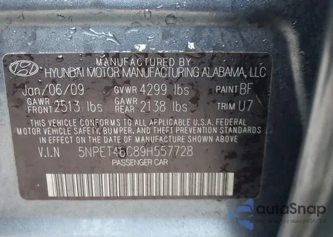 2009 Hyundai Sonata Gls from USA, damaged, VIN 5NPET46C89H557728